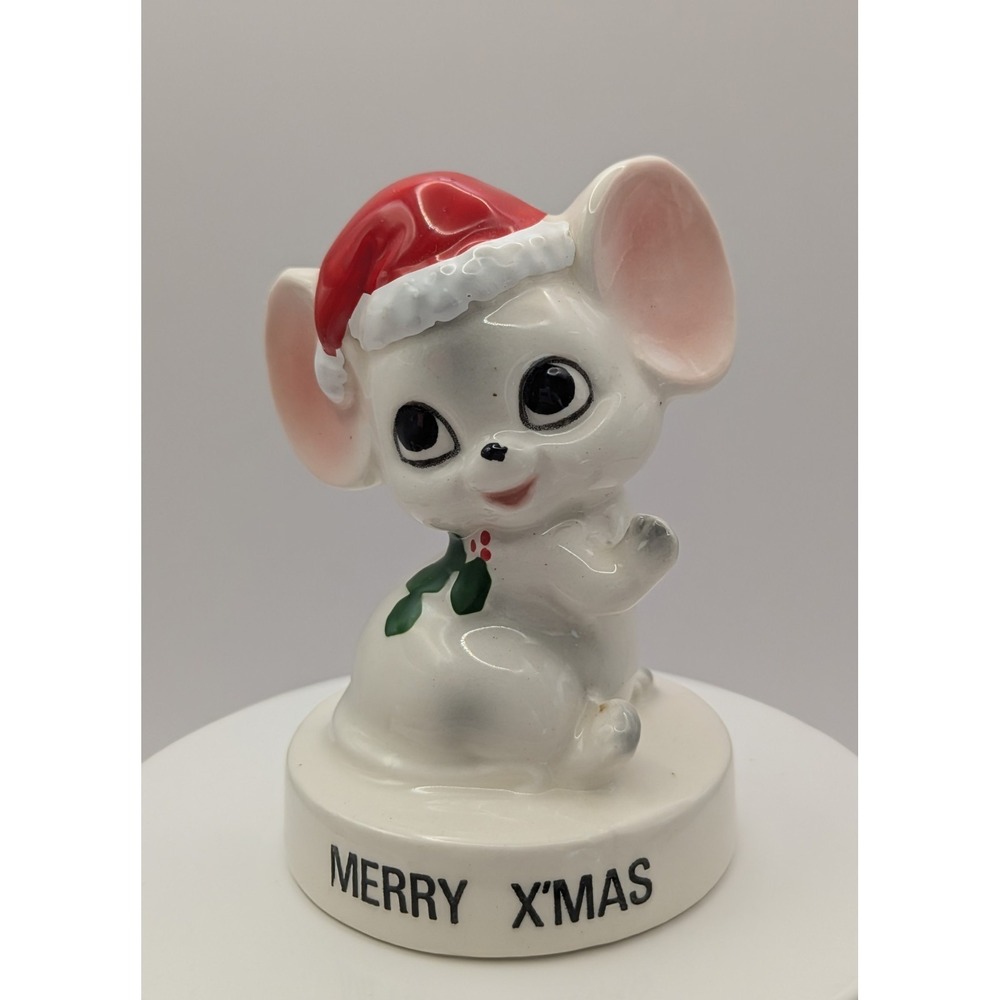 Vtg‎ Norcrest Ceramic Merry X'mas Mouse Japan 1950s X-450 Holly Santa Hat